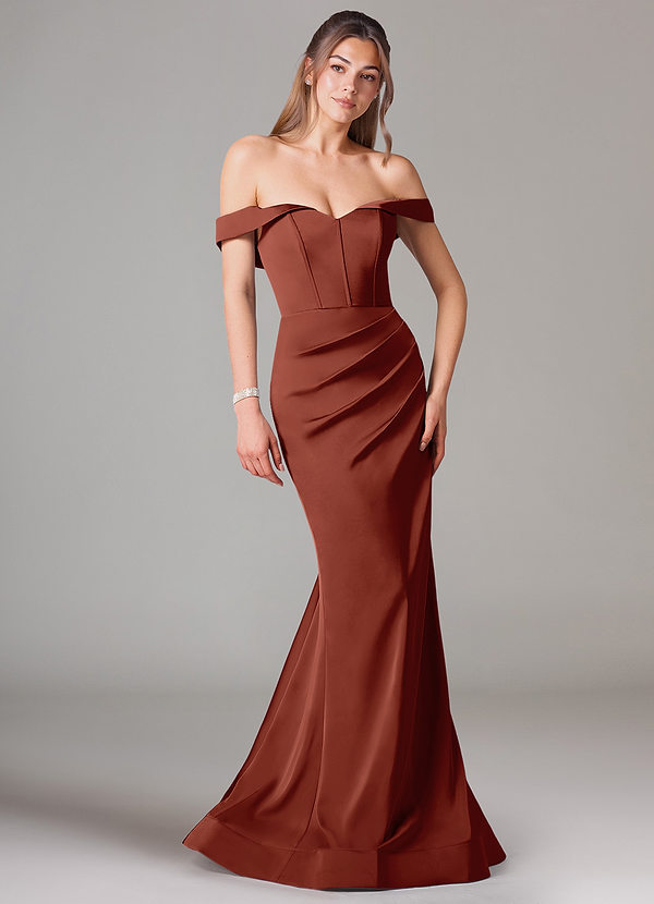 Azazie Everly Vestidos Dama de Honor Vestido de Castaño de Satén Elástico de Corte Sirena Convertible con Vestidos sin tirantes image1