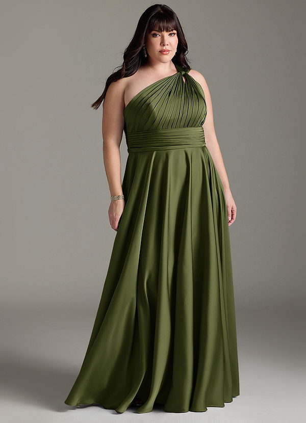 Azazie Charlize Bridesmaid Dresses Olive A-Line One Shoulder Stretch Satin Dress image1