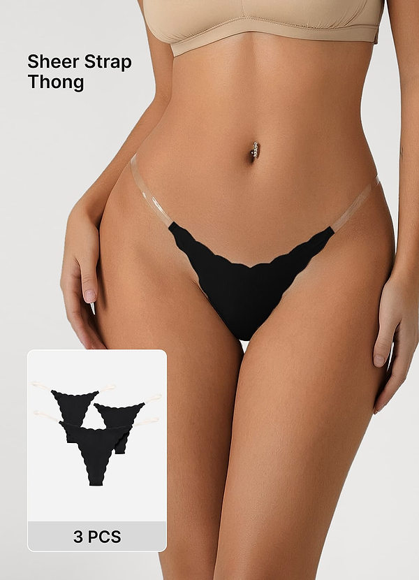 front Scalloped Edge Sheer Strap T-Back Barely-There Seamless Thongs （3pics）