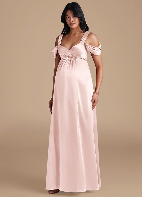 Azazie Rhea Maternity Bridesmaid Dresses A-Line Pleated Metallic Satin Floor-Length Dress image1