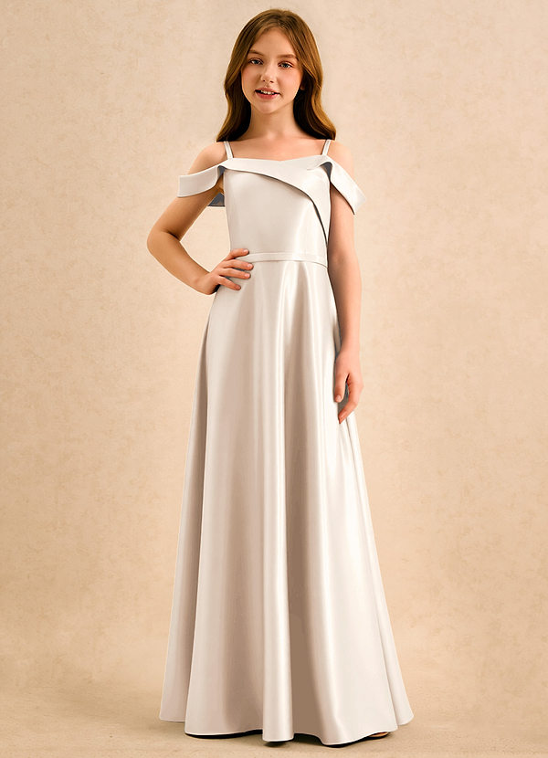 Azazie Jupie Girls Formal Sukienki dla dziewczynek sypiących kwiaty Linia A Pofałdowany Matowy satynowy Długość podłogi Sukienka image1