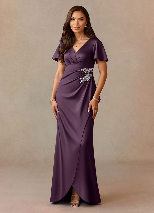 plum evening dress Floor Length Dresses Ellie Wilde EW36083 A Line Lace Long Formal Prom Dark Purple Shoulder to Shoulder Simple purple red satin long