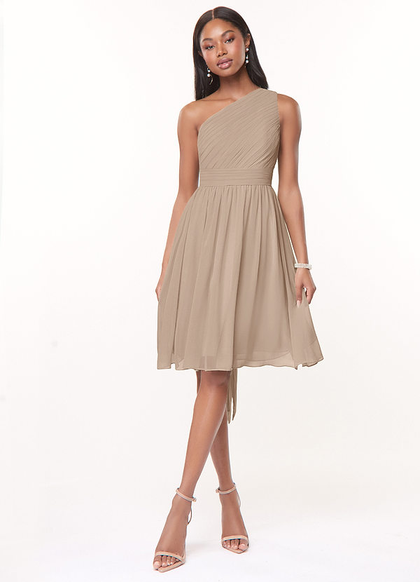 Azazie Katrina Bridesmaid Dresses Taupe A-Line One Shoulder Chiffon Dress image1