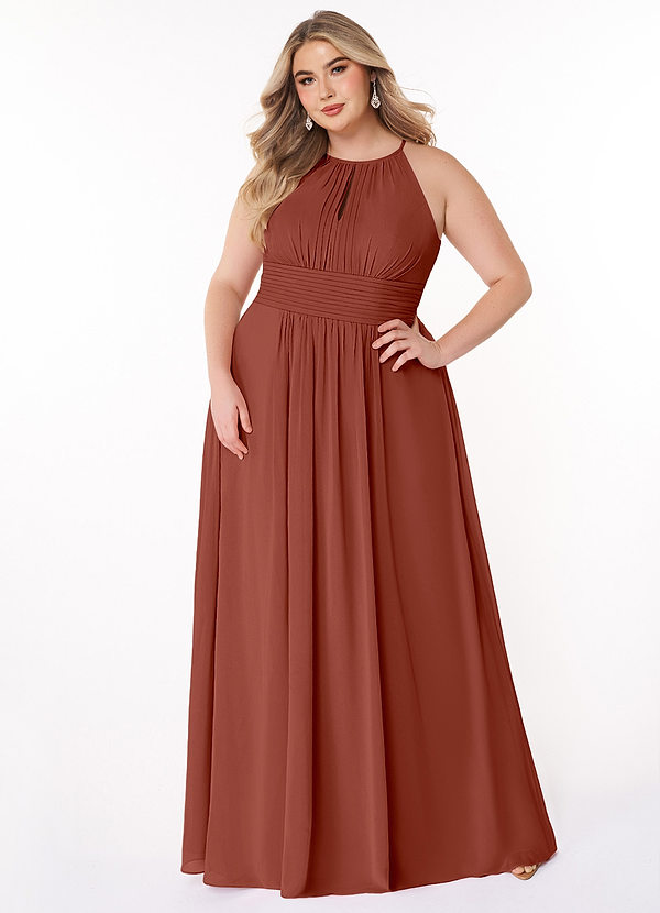 Azazie Bonnie Bridesmaid Dresses Auburn A-Line Keyhole Ruched Chiffon Dress image1
