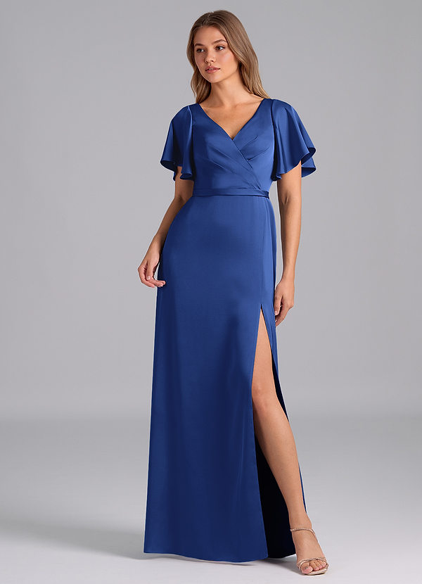 Azazie Ambrosia Bridesmaid Dresses Royal Blue A-Line Pleated Stretch Satin Dress image1