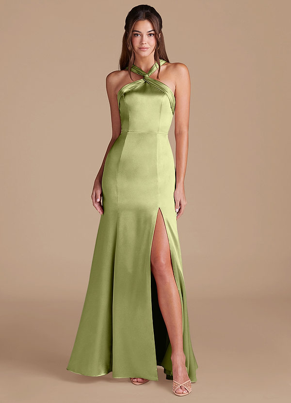 Azazie Rue Abiti da Damigella Abito Sirena in Raso Metallizzato Plissettato Pistacchio image1