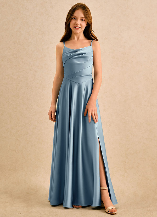 Azazie Coconut Girls Formal Sukienki dla dziewczynek sypiących kwiaty Linia A Pofałdowany Satyna elastyczna Długość podłogi Sukienka image1