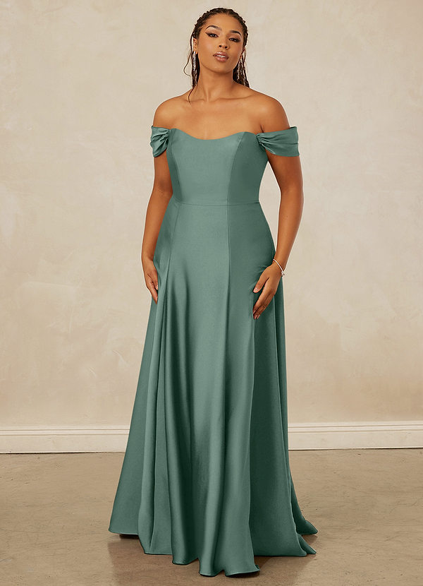 Christian Siriano Bridal for Azazie 1002 Bridesmaid Dresses Eucalyptus A-Line Off the Shoulder Stretch Satin Convertible Dress image1