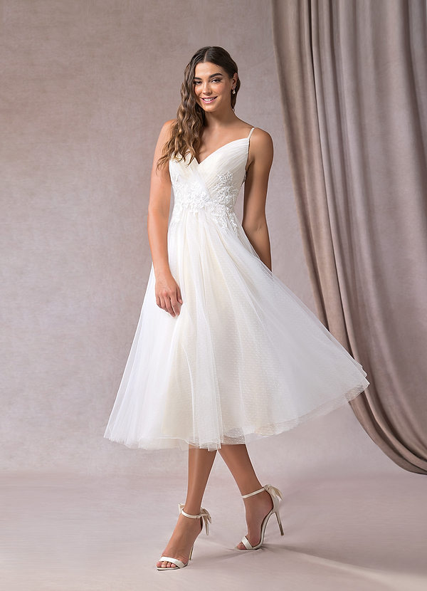 Azazie Liana Wedding Dresses Diamond White Champagne A-Line V-Neck Sequins Tulle Dress image1