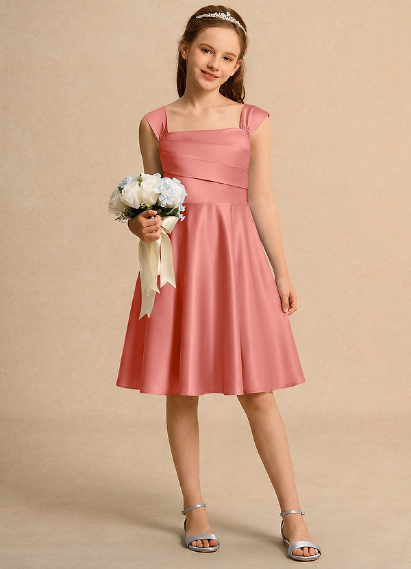 Azazie Budle Girls Formal Flower Girl Dresses Salmon Pink A-Line Pleated Matte Satin Dress image1