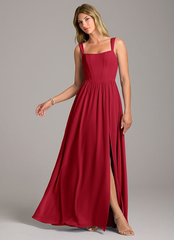 Azazie Rosaline Bridesmaid Dresses Scarlet A-Line Side Slit Chiffon Dress image1