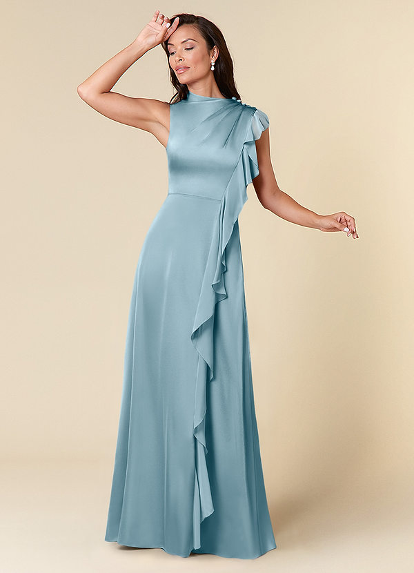Azazie Narine Vestidos de Madre de la Novia Vestido de Azul Malhumorado de Satén Elástico de Corte En A con Escote alto plisado image1