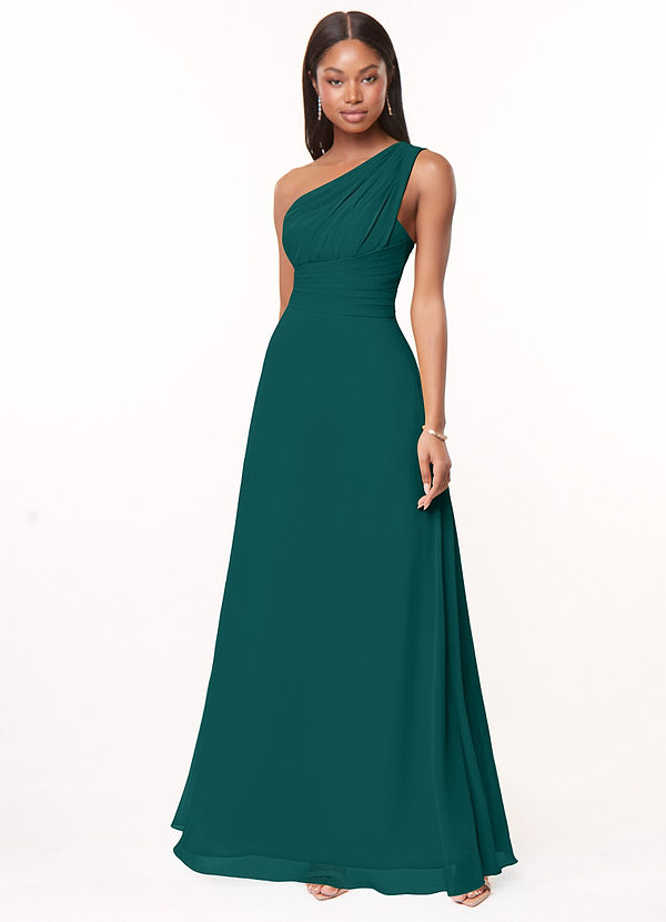 Azazie Ashley Bridesmaid Dresses Peacock A-Line Ruched Chiffon Dress image1