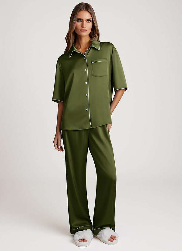 front Olive Contrast-trimmed Pajama Set
