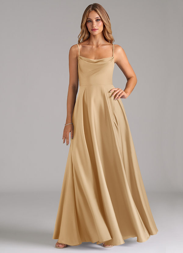 Azazie Elle Bridesmaid Dresses Gold A-Line Pleated Stretch Satin Dress image1