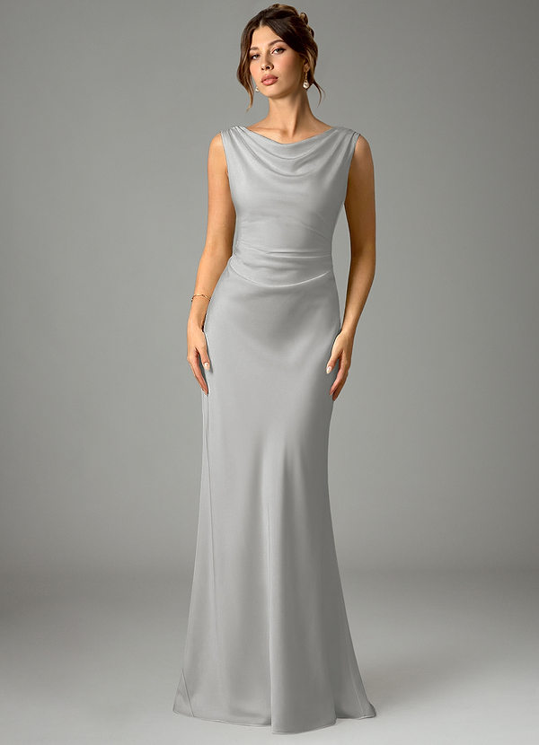 Azazie Kieryn Vestidos Dama de Honor Vestido de Plata de Satén Elástico de Corte Sirena con Plisado image1