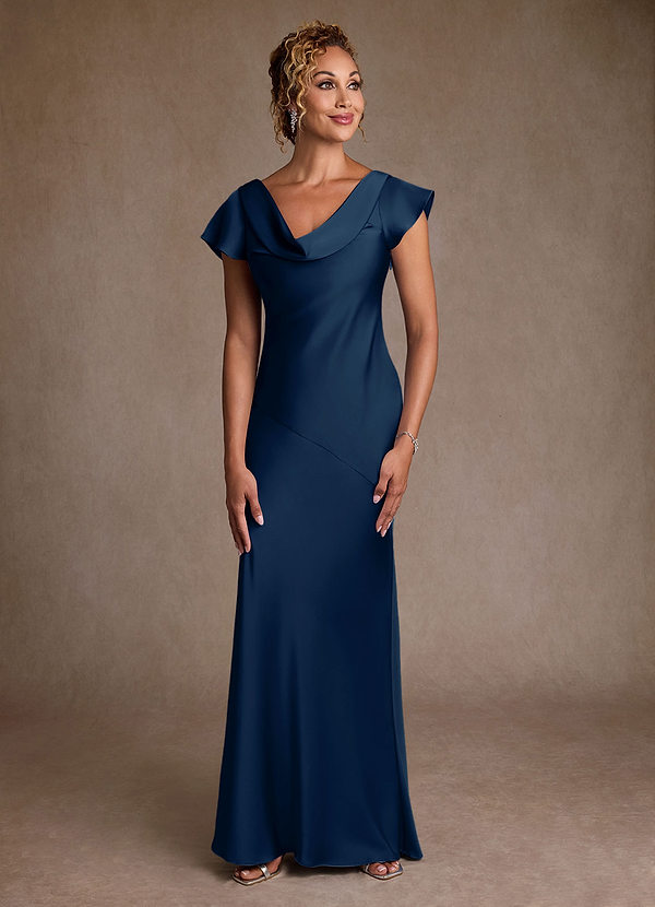 Azazie Shelby Mother of the Brides Dresses Dark Navy Mermaid Pleated Stretch Satin Dress image1