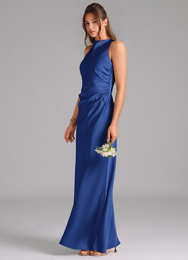Azazie Evadne Bridesmaid Dresses Royal Blue Sheath Pleated Stretch Satin Dress image1