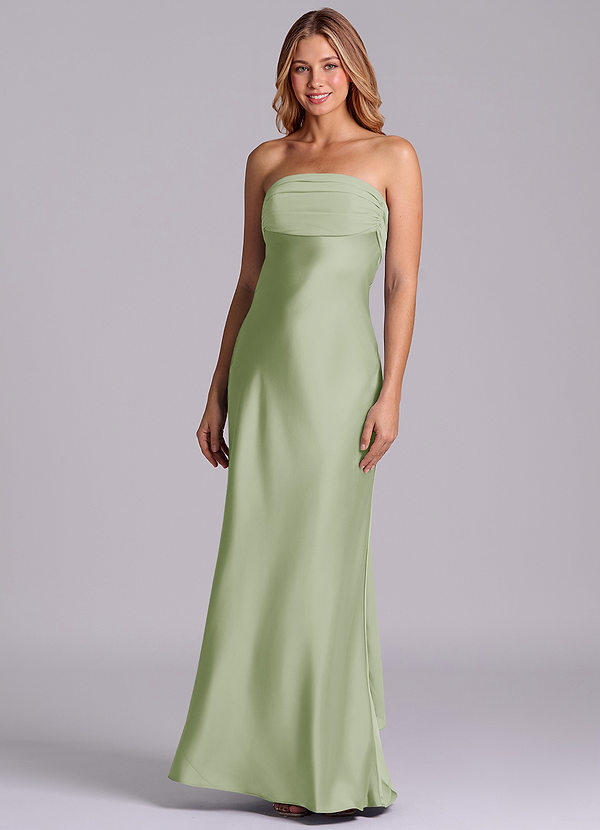 Azazie Ailanie 신부 들러리 드레스 쉬스 스트랩리스 스트레치 새틴 바닥 길이 드레스 image1