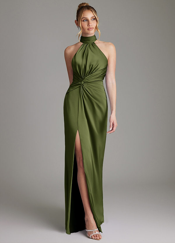 Azazie Gracelynn Vestidos Dama de Honor Vestido de Oliva de Satén Elástico de Corte Recto con Plisado image1