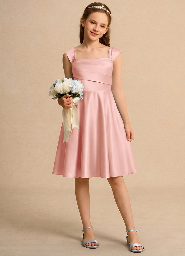 Azazie Budle Girls Formal Flower Girl Dresses Rosette A-Line Pleated Matte Satin Dress image1