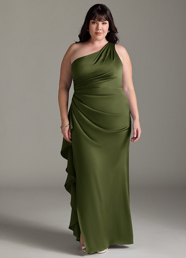 Azazie Latrice Bridesmaid Dresses Olive Sheath One Shoulder Cascading Ruffles Stretch Satin Dress image1