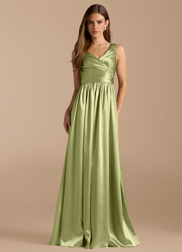 Azazie Keyla Bridesmaid Dresses Pistachio A-Line Pleated Metallic Satin Dress image1