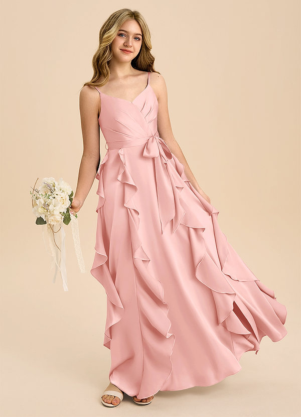Azazie Peyton Junior Powder Pink A-Line Pleated Stretch Satin Dress image1