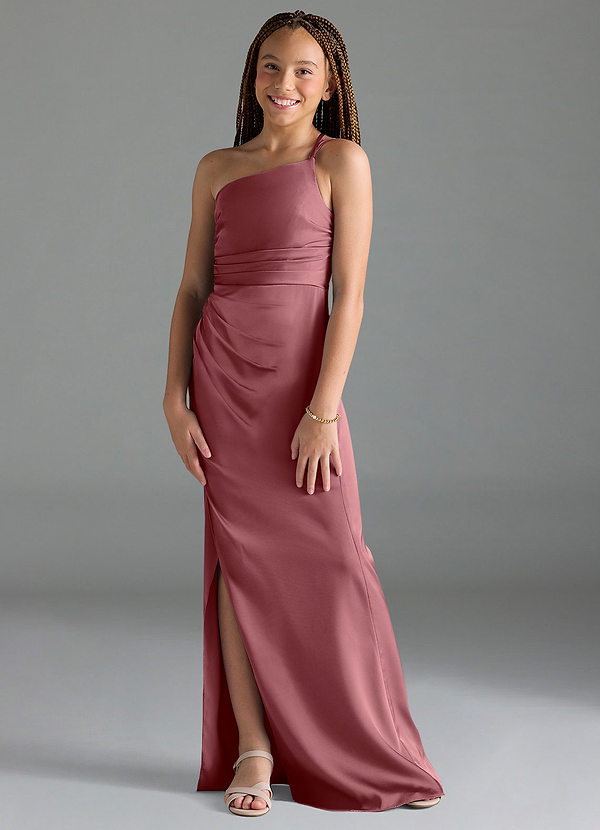 Azazie Eren Junior Desert Rose Sheath Pleated Stretch Satin Dress image1