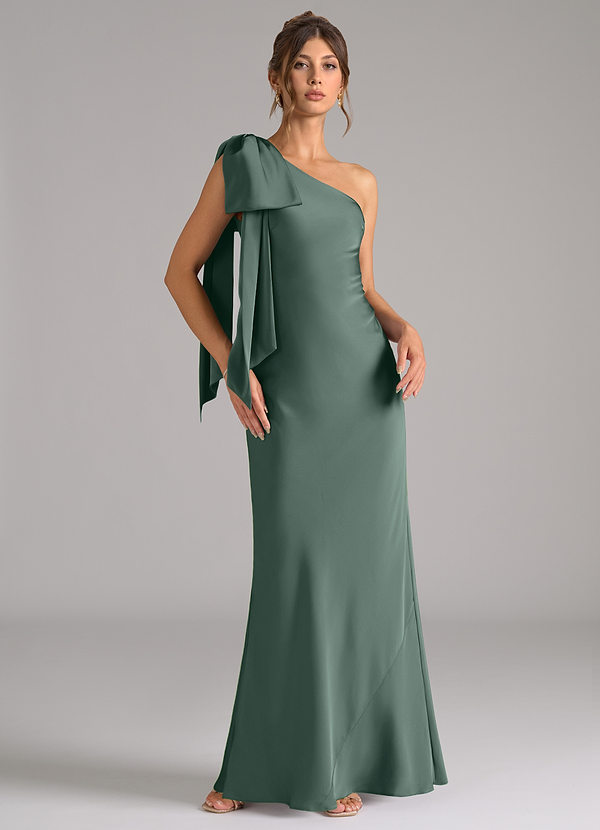 Azazie Capri Robes Demoiselle d'honneur Robe Sirène en Satin extensible Une épaule Mousse De Mer image1