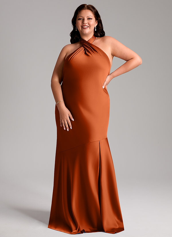 Azazie Lorena Robes Demoiselle d'honneur Robe Sirène en Satin extensible Plissée Orange Brûlée image1