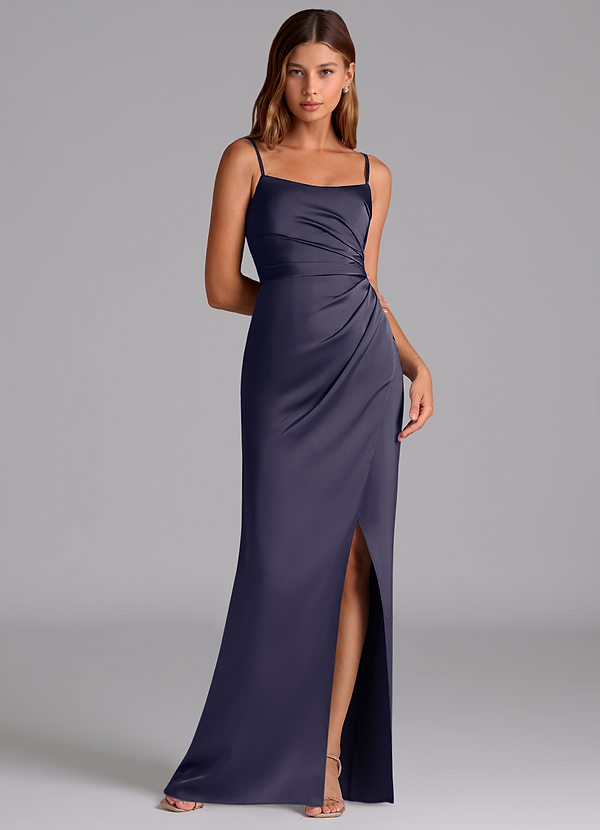 Azazie Calandra Suknie dla druhen Linia A Pofałdowany Satyna elastyczna Do ziemi Sukienka image1