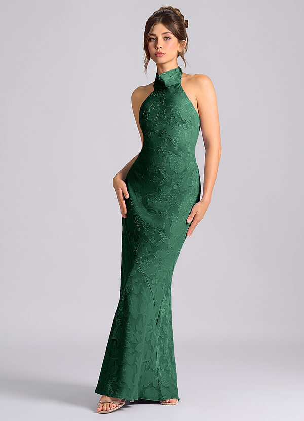 Azazie Velli Vestidos Dama de Honor Vestido de Verde Oscuro de Devorado Floral de Corte Sirena con Cuello Alto image1