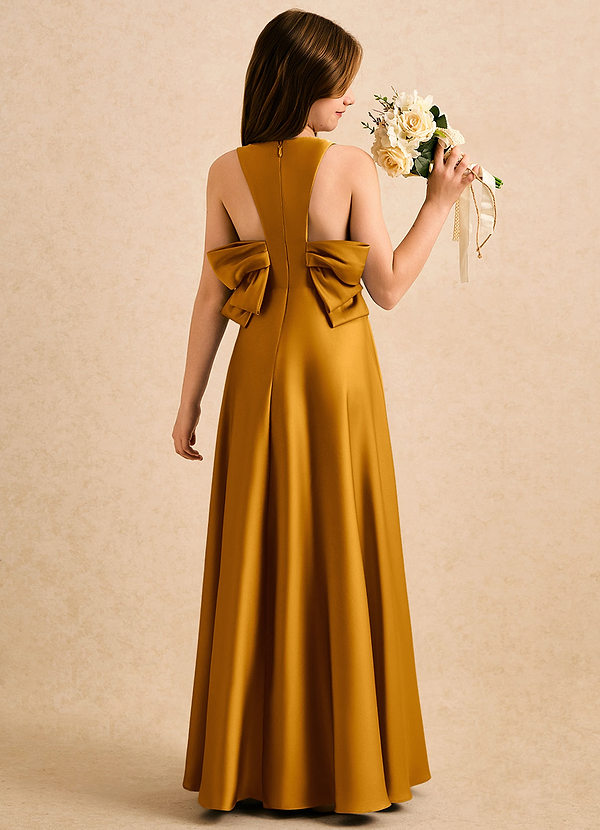 Azazie Nisha Girls Formal Kukkaistyttöjen mekot A-linja Pliseerattu Joustava satiini Lattian pituus Pukeutua image1