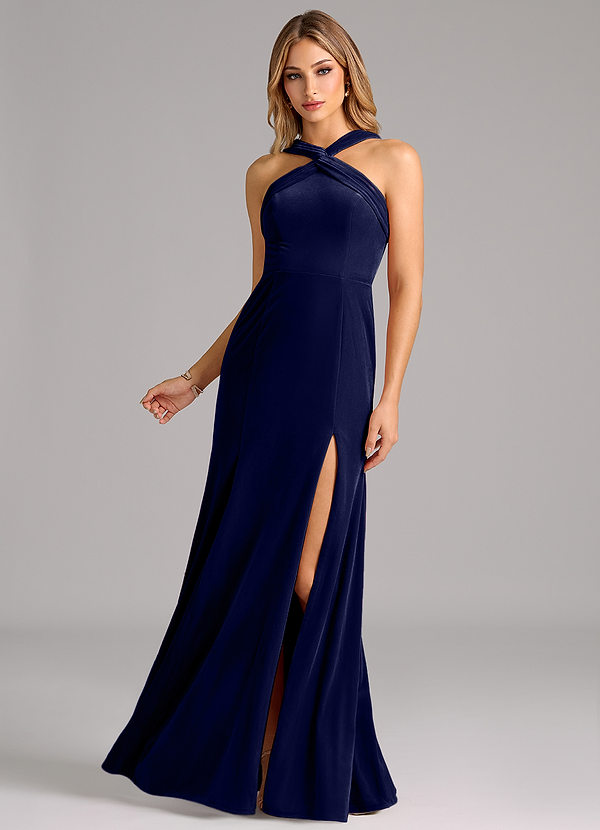 Azazie Rue Bridesmaid Dresses Dark Navy A-Line Pleated Velvet Dress image1