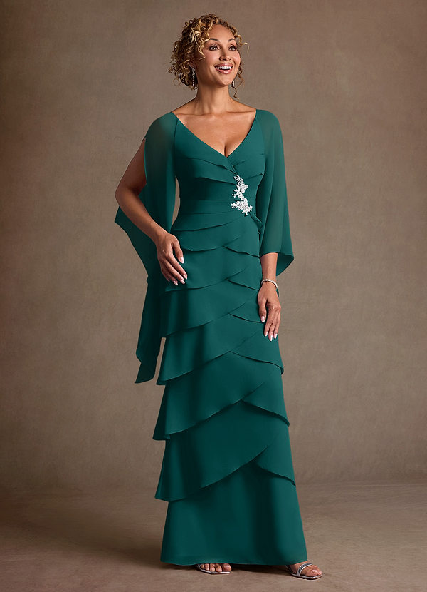 Azazie Arabinda Abiti da Mamma Sposa Abito Tubino in Chiffon Increspato Verde Pavone image1