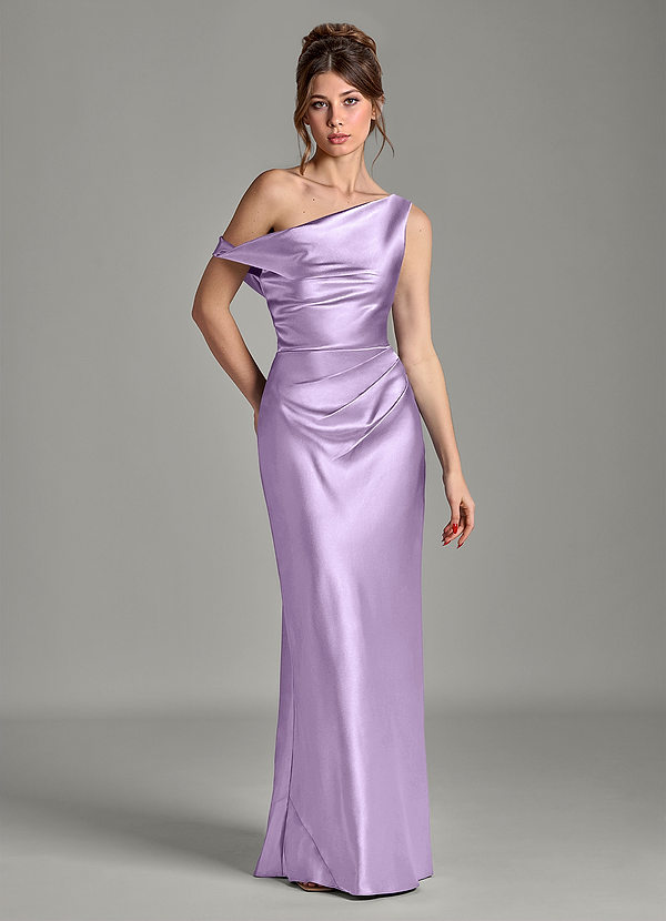 Azazie Emerson Bridesmaid Dresses Lilac Mermaid Off the Shoulder Metallic Satin Dress image1