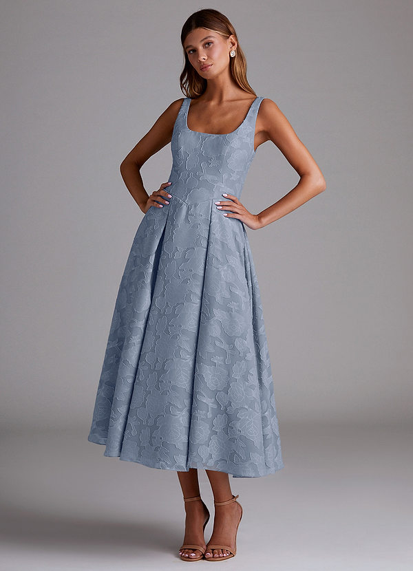 Azazie Amalie Bridesmaid Dresses Dusty Blue A-Line Pleated Floral Burnout Dress image1