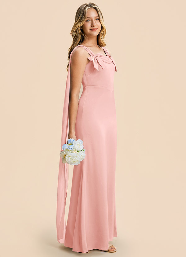 Azazie Chelsea Junior Powder Pink Sheath Pleated Stretch Satin Dress image1