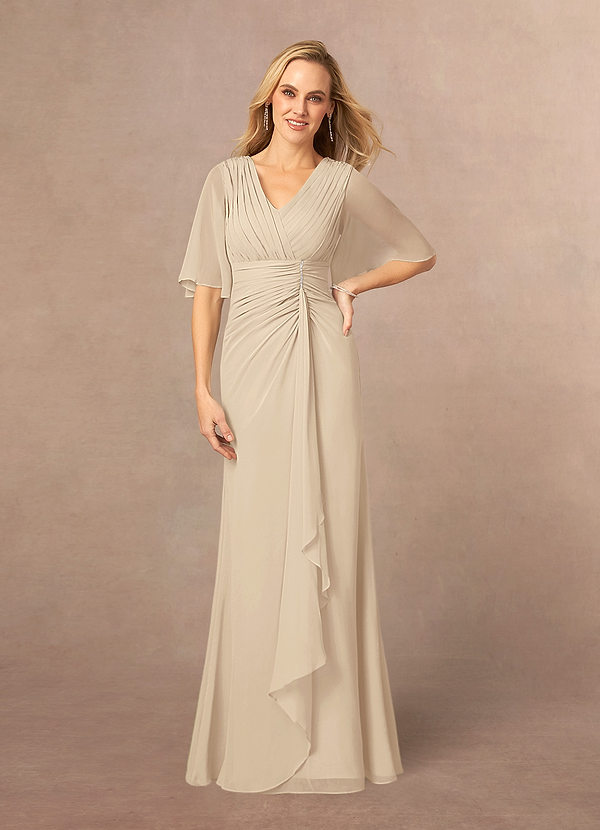 Azazie Carson Mother of the Brides Dresses Champagne A-Line V-Neck Lace Chiffon Dress image1