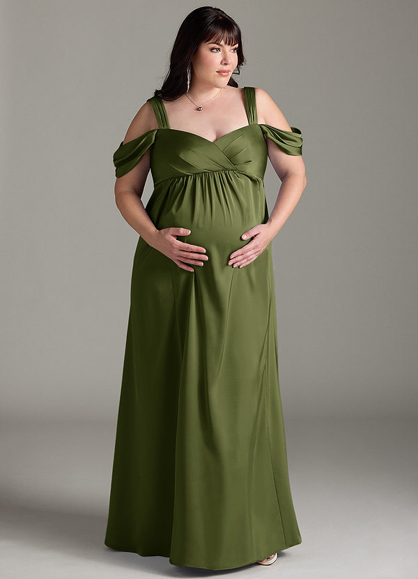 Azazie Rhea Robe demoiselle d'honneur enceinte Robe Trapèze Épaule nue plissée Longueur ras du sol Satin extensible image1