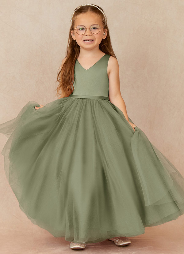 Azazie Marybell Robes de Fillette d'Honneur Robe Trapèze en Tulle Arc Pistache image1
