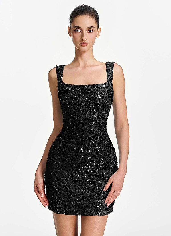 Sylvestrina Black Beading Sequin Embroidery Stretch Tulle Square-Neck Tank Mini Dress image1