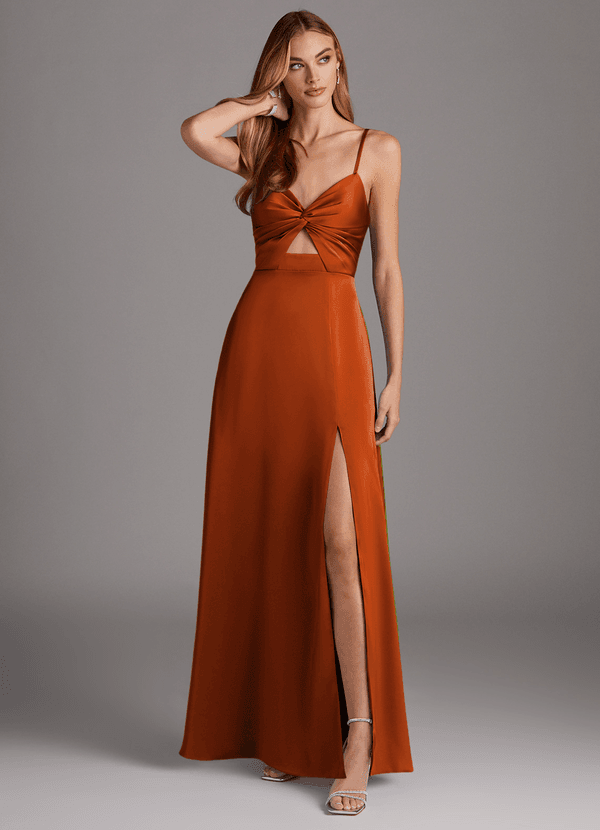 Azazie Jenna Robes Demoiselle d'honneur Robe Trapèze en Satin extensible Plissée Orange Brûlée image1