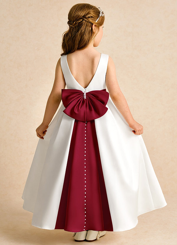 Azazie Cherry Flower Girl Dresses Ivory Burgundy Ball-Gown Pleated Matte Satin Dress image1