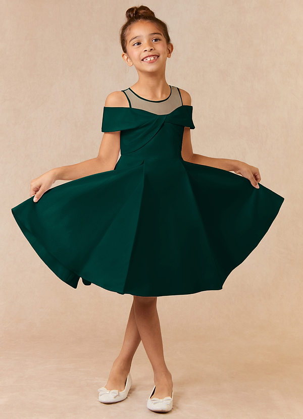 Azazie Shirin Flower Girl Dresses Pine A-Line Off the Shoulder Matte Satin Dress image1