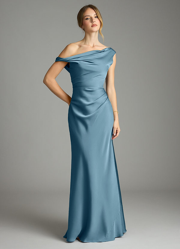 Azazie Emerson Bridesmaid Dresses Bermuda Mermaid Off the Shoulder Stretch Satin Dress image1