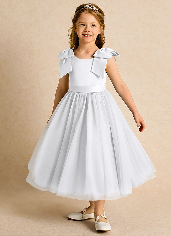 Azazie Serene Abiti da Ragazza di Fiori Abito Principessa in Raso Opaco Fiocco Bianco image1