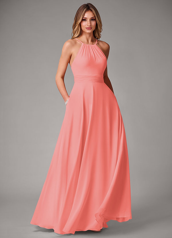 Azazie Amalia Bridesmaid Dresses Coral A-Line Pleated Chiffon Dress image1