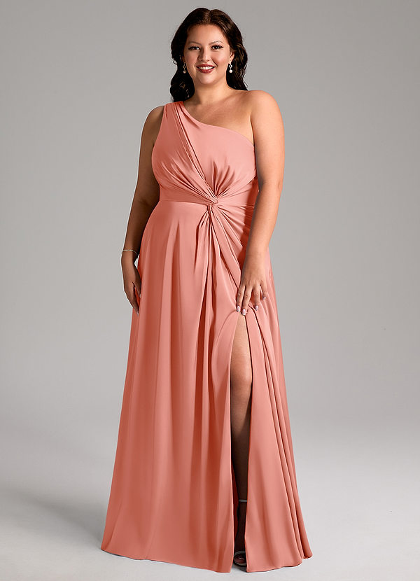 Azazie Brooke Bridesmaid Dresses Coral A-Line One Shoulder Stretch Satin Dress image1